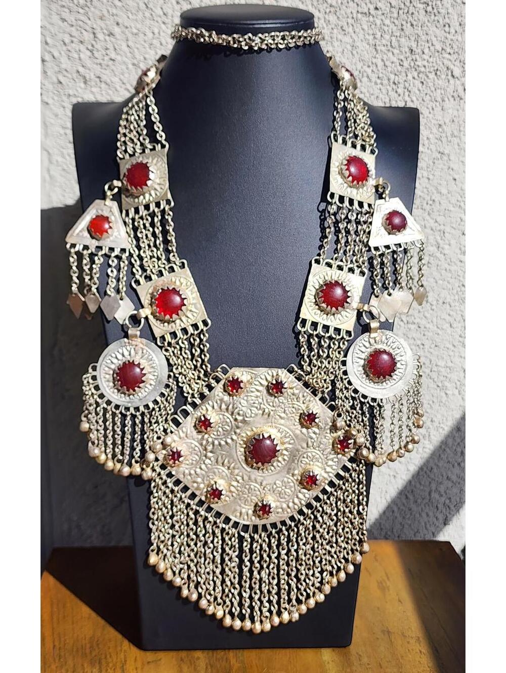 Massive Vintage Kashmiri Necklace, Carnelian, Handcrafted Silver Bridal Jewelry
